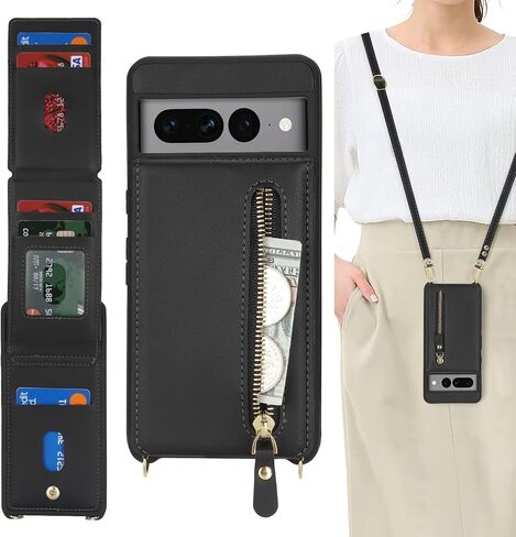 for Google Pixel 7 pro Case with Card Holder for Women,for Pixel 7 pro Phone Case Wallet with Strap Credit Card Slots Crossbody with Kickstand Zipper Case - Black in Saudi Arabia