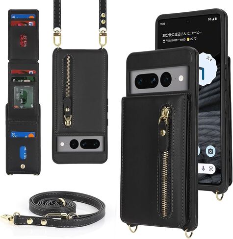 for Google Pixel 7 pro Case with Card Holder for Women,for Pixel 7 pro Phone Case Wallet with Strap Credit Card Slots Crossbody with Kickstand Zipper Case - Black in Saudi Arabia