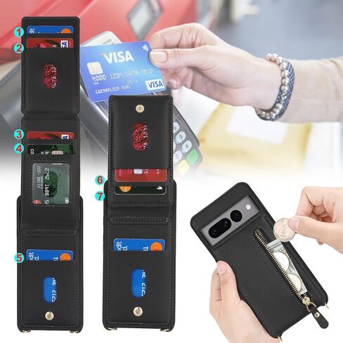 for Google Pixel 7 pro Case with Card Holder for Women,for Pixel 7 pro Phone Case Wallet with Strap Credit Card Slots Crossbody with Kickstand Zipper Case - Black in Saudi Arabia