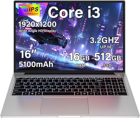 16" Traditional Laptop 16GB+512GB SSD Expand Up to 1TB SSD Core i3 Processor Up to 3.2Ghz Win 11 WiFi 6 PC with Type-C Webcam Numeric Keypad Ultra-Narrow Border 2K Display for Gaming-Silver in Saudi Arabia
