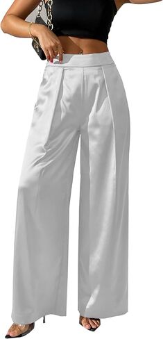 Women's Satin Wide Leg Palazzo Pants Plicated Silky Pull on Party Dress Casual Pant Trouser in Kuwait