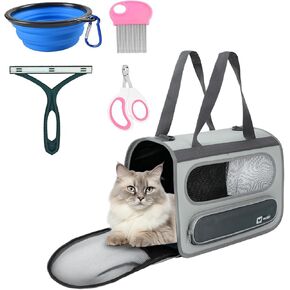 Cat Travel Carrier, Pet Travel Carrier by Airplane Approved Under seat, TSA Airline Approved Cat Carrier, with Flea Comb, De-Shedder, Feeding Bowl, Double Holes Cat Nail Clippers, Grey