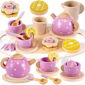 BUYGER Wooden Tea Party Set for Little Girls, Kids Wooden Kitchen Sets Play Food Accessories with Teapot Tea Cup Dessert Toys Tea Set Pretend Play Gifts for Kids Girls Toddler 3-5 Years Old