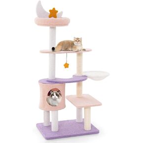Tangkula Cat Tree Tower, 55 Inch Multi-level Cat Tower with Cat Condo, Sisal Scratching Posts, Moon Star Plush Perch, Hammock, Cloud Platforms, Dangling Toys, Cute Purple Pink Cat Tree for Indoor Cats