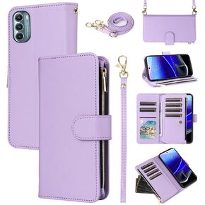 Wallet Case for Motorola Moto G Stylus 5G 2022 with Crossbody Shoulder Strap Luxury PU Leather Flip Zipper Purse 11+ Card Slots Protector Phone Cover XT2215-1 XT2215-4 XT2215DL Girls Purple