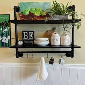 ROGMARS White Industrial Pipe Shelves Shelving,Kitchen Floating Shelves 24",Bathroom Wall Shelf with Towel Bar Hooks Coffee Bar Shelf Wine Hanging Shelves for Wall Decor,Living Room Bedroom Kitchen