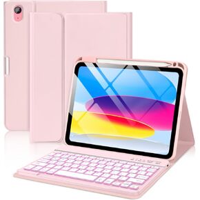 aMZCaSE for iPad 10th Generation Case with Keyboard 10.9 Inch(2022),7 Colors Backlight Keyboard Case,Detachable Wireless Keyboard Cove with Pencil Holder for New iPad 10th Gen,Light Pink