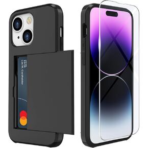 ZUSLAB Card Holder Slot Case Compatible with Apple iPhone 15 6.1 Inches 2023, Phone Wallet Case with 1 Tempered Glass Screen Protector, Rubber & PC Bumper Cover for Women Men, Black