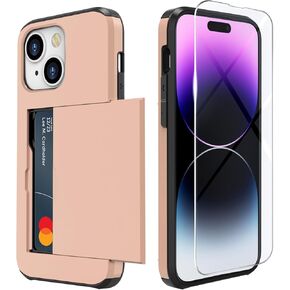 ZUSLAB Card Holder Slot Case Compatible with Apple iPhone 15 6.1 Inches 2023, Phone Wallet Case with 1 Tempered Glass Screen Protector, Rubber & PC Bumper Cover for Women Men, Black