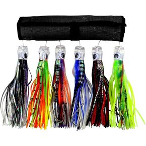 6 Pcs/Bag Jet Head 9 inch Trolling Lures Hooks Tuna Feather Comboset Nylon Bag Offshore Fishing Lure Rigged Circle Hook & Hoochie Octopus/Squid Skirts for Catching Mahi, Tuna (combined color, 9’’)