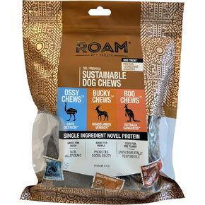 ROAM Exotic Variety Pack Adult Dog Treat Chews - Ostrich, Venison & Kangaroo Chews for Dogs, Dog Chews for Medium to Aggressive Chewers