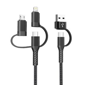 The ONE Cable - 5 in 1 Cable which Charges All Your Cell Phones and Tablets. Fast 60 Watt Power and High Speed Data Transfer. USB A and USB C Input and Outputs for USB C, USB Micro and Lightning