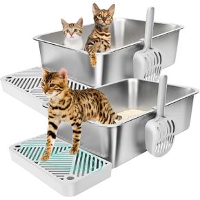 Vivifying 2Pcs Stainless Steel Litter Box, High Side Metal Litter Pan with Scoop and Footboard for Multi-Cat Household, Kittens, Rabbits and Hamsters, Non-Stick & Easy Cleaning Design (Large, Silver)