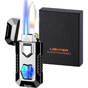 Torch Lighter, Cool Dual Flame Lighter Fashion Design, Refillable Butane Lighter with Visible Fuel Tank,Windproof Adjustable Soft Flame and Jet Flame Lighter for Men Lady (Without Butane)-Ice Black