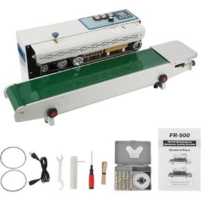 Continuous Band Sealer FR900K - Automatic 110V Horizontal Sealer with Digital Temperature Control for Commercial PP Aluminum Foil PVC Plastic Bags