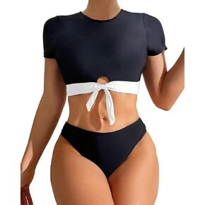 Women Short Sleeve Bikinis Ribbed High Neck Swimsuit Tankini Crop Top Color Block 2 Piece Swimwear Teens