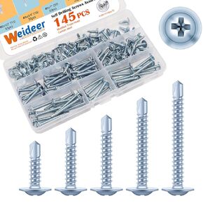 weideer 145pcs #8 Sheet Metal Screws Assortment Kit Self Tapping Screws for Metal 410 Stainless Steel Modified Truss Head Self Drilling Screws for Metal Plastic Wood 1/2" 3/4" 1" 1-1/4" 1-1/2"