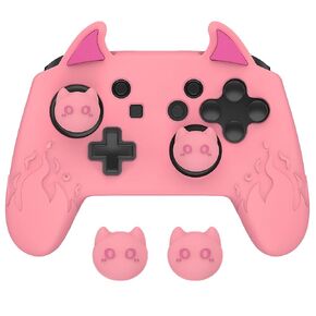 غطاء قبضة سيليكون لطيف شيطان من PlayVital لجهاز تحكم Nintendo Switch Pro، مضاد للانزلاق، جلد واقي Kawaii مع قبعات وملصقات عصا التحكم - متوافق مع Nintendo Switch Pro - أسود