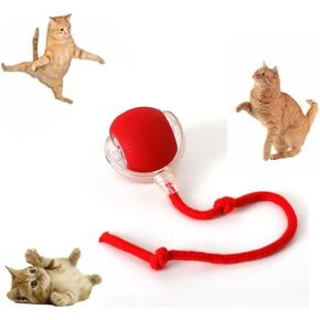 Interactive Rolling Cat Ball Toy [RED], LED Lights, for Indoor Adult Cats, Rechargeable, Smart Automatic Pet Ball, Chewie Viral Rolling Ball, Speedy Tail/Rope, Fast on Carpet, Only for Active Cats