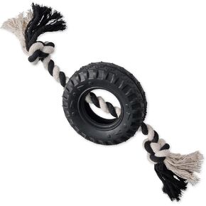 Natural Rubber Tire and Organic Cotton Rope Pull and Chew Dog Toy for All Pet Breeds, Black, One Size