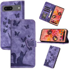 Mavis's Diary Pixel 8a Case Wallet with Card Holder for Women, Cute Butterfly Cat Embossing Leather Folio Cover Folding Flip Phone Case Compatible with Google Pixel 8a 2024 (Deep Pink)