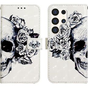Case for Samsung Galaxy S24 Ultra, 3D Wallet Case PU Leather with[Card Holder][Kickstand][Wrist Strap][Magnetic Closure] Shockproof Flip Cover for Galaxy S24 Ultra Rose Skull YB-3D