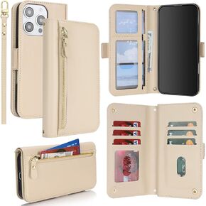 Jaorty Case for iPhone 16 Plus Phone Case with RFID Blocking Card Holder for Women,Phone Case Wallet for iPhone 16 Plus with Wrist Strap,PU Leather Zipper Pocket Credit Card Slots Flip Cover,Beige
