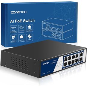 10 Port PoE Switch ( 6 PoE+ Ports, 2 POE++Ports@60W, 2 UP-Link Ports), Unmanaged, IEEE802.3af/at/bt, 120W High Power Output, Plug & Play, Fanless & Metal Design, 10/100 Mbps Adaptive