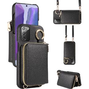 Wallet Case for Samsung Galaxy Note 20 5G with Shoulder Strap Ring Buckle, PU Leather Zipper Flip Organ Purse, Card Holder Stand Phone Cover for Note20 Notes 20s Twenty Not S20 Women Men White