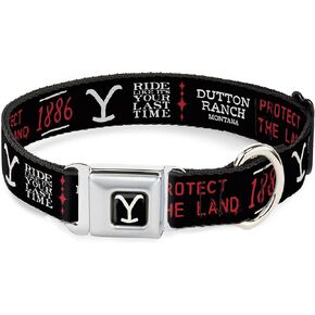 Paramount Network Pet Collar, Dog Collar Metal Seatbelt Buckle, Yellowstone Dutton Ranch 1886 Icons Black White Red, 11 to 16.5 Inches 1.0 Inch Wide