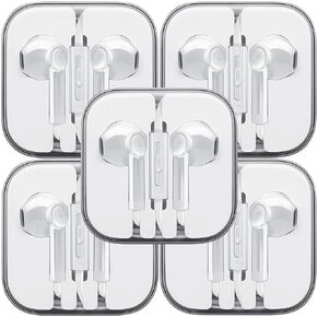 Wired Earbud Headphones with Microphone, Boost+ Premium Earphones Volume Control Slide-Bar with 3.5mm Port for PCs, Tablets, and Cell Phones in The Office, Classroom or Home, White, 5-Pack
