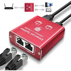 Ethernet Splitter 1 to 2 High Speed 1000Mbps, Gigabit Ethernet Splitter, LAN Splitter Dual LAN RJ45 Port Router Switch for Cat5/5e/6/7/8 Cable, IEEE 802.3 Compliant Plug and Play