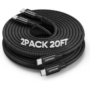 كابل USB C بطول 20 قدمًا، عبوتان من سلك طويل جدًا من النوع C إلى C بقدرة 60 وات، كابل USB C إلى USB C مجدول من النايلون الفاخر شحن سريع متوافق مع أجهزة Macbook/iphone 15 Pro Max/Samsung Galaxy S24+/S24 Ultra/S23+/S23 Ultra in Kuwait