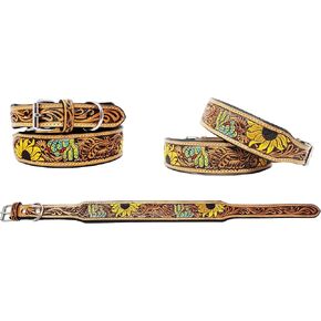 CHALLENGER 100% Cow Leather Amish Padded Leather Hand Crafted Tooled Dog Collar Cactus 60FK42