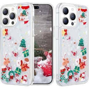 Glitter Christmas Case for iPhone 14 6.1",Cute Merry Christmas Liquid Flowing Moving Xmas Santa Tree Snowman Pattern Bling Sparkle Slim Women Girls Protective Phone Case for iPhone 14 (Clear)