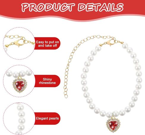 2Pcs Cat Dog Pearl Collar, Heart Shape Rhinestone Necklaces Pet, Dog Cat Pearls Necklace Collar with Bling Accessories, with Heart Rhinestones Jewelry Pet for Puppy Small Cats(Pink, White) in Saudi Arabia
