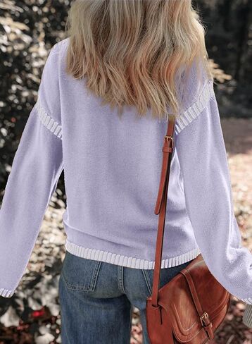 سترة نسائية عادية بأكمام طويلة ورقبة دائرية من Darong موضة خريف 2024 سترة فضفاضة متماسكة بألوان متباينة in Kuwait