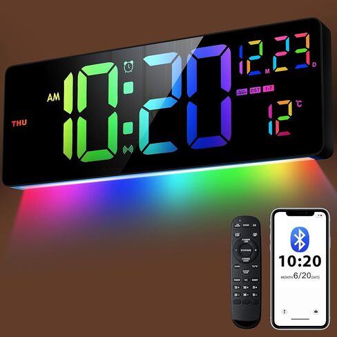 11 لون RGB يتغير لساعة حائط رقمية كبيرة/مزامنة تلقائية للوقت عبر البلوتوث، ساعة حائط رقمية يمكن التحكم فيها عن بعد، شاشة كبيرة مع وظيفة التنبيه/المؤقت، التوقيت الصيفي، عرض درجة الحرارة/الرطوبة في الأماكن المغلقة (18 بوصة) in Saudi Arabia