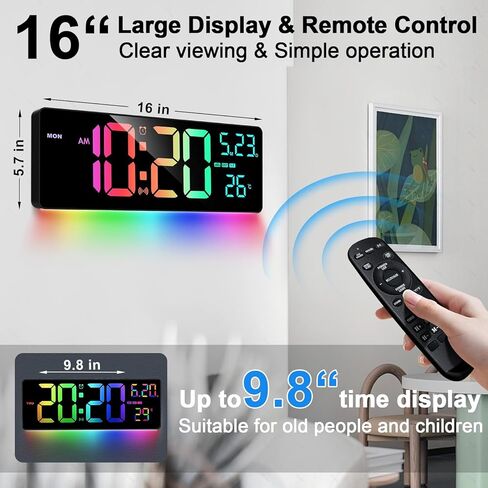 11 لون RGB يتغير لساعة حائط رقمية كبيرة/مزامنة تلقائية للوقت عبر البلوتوث، ساعة حائط رقمية يمكن التحكم فيها عن بعد، شاشة كبيرة مع وظيفة التنبيه/المؤقت، التوقيت الصيفي، عرض درجة الحرارة/الرطوبة في الأماكن المغلقة (18 بوصة) in Saudi Arabia