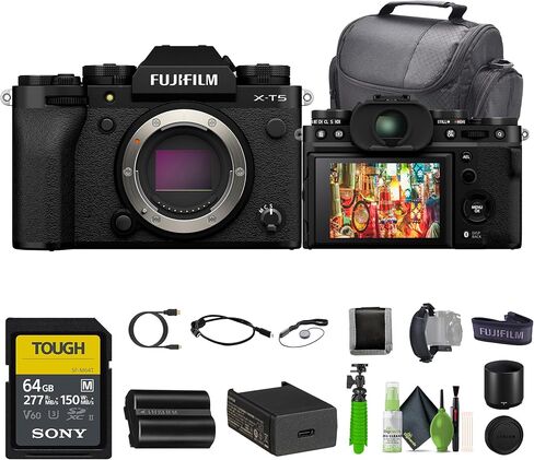 حزمة كاميرا FUJIFILM X-T5 بدون مرآة (أسود) مع بطاقة ذاكرة SF-M Tough Series UHS-II SDXC بسعة 64 جيجابايت + طقم تنظيف + كابل Micro HDMI + حامل ثلاثي القوائم لمدونات الفيديو + حقيبة كامارا + المزيد من الملحقات in Saudi Arabia
