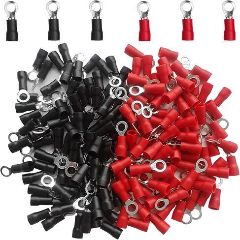 200 Pcs AWG16-14#8 Insulated Ring Terminals，O-Type Ring Wire Connectors Electrical Crimp Terminals (100 Pcs Red +100 Pcs Black) in Saudi Arabia