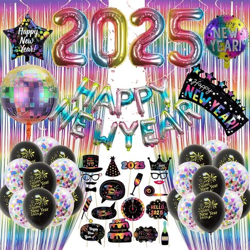 New Years Eve Party Supplies 2025, Silver Gold Happy New Year Decorations 2025 with Happy New Year Banner, Latex Confetti Balloons, Curtains, Foil Balloons Numbers 2025, New Years Photo Props in Saudi Arabia