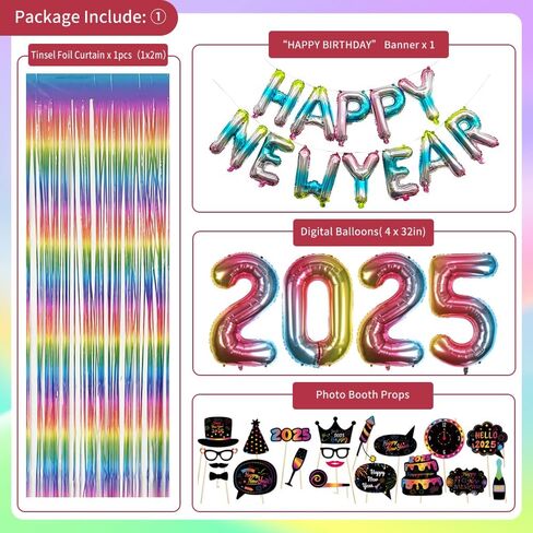 New Years Eve Party Supplies 2025, Silver Gold Happy New Year Decorations 2025 with Happy New Year Banner, Latex Confetti Balloons, Curtains, Foil Balloons Numbers 2025, New Years Photo Props in Saudi Arabia