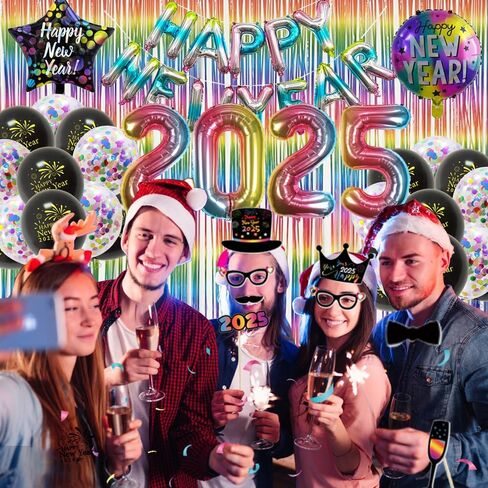 New Years Eve Party Supplies 2025, Silver Gold Happy New Year Decorations 2025 with Happy New Year Banner, Latex Confetti Balloons, Curtains, Foil Balloons Numbers 2025, New Years Photo Props in Saudi Arabia