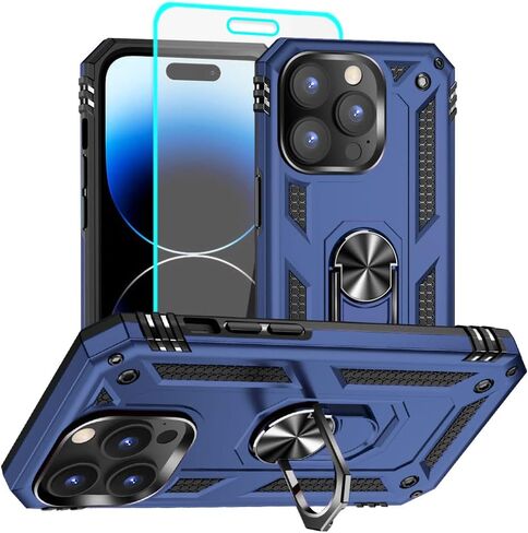 Aozuoton for iPhone 14 Pro Case, iPhone 14 Pro Phone Case with HD Screen Protector, [Military Grade 16ft. Drop Tested] Ring Shockproof Protective Phone Case for iPhone 14 Pro,Blue in Kuwait