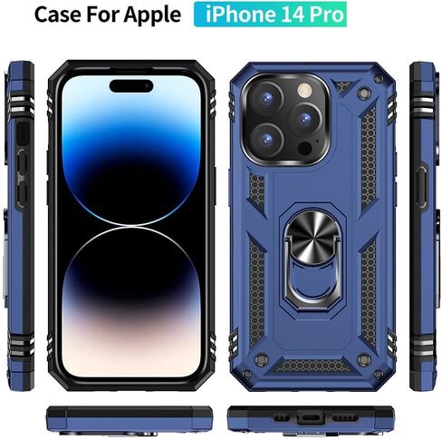 Aozuoton for iPhone 14 Pro Case, iPhone 14 Pro Phone Case with HD Screen Protector, [Military Grade 16ft. Drop Tested] Ring Shockproof Protective Phone Case for iPhone 14 Pro,Blue in Kuwait