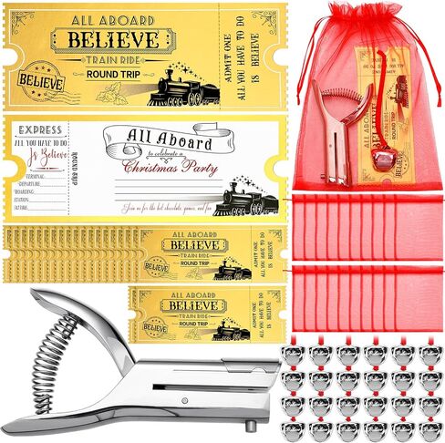 Gisafai 50 Sets Christmas Polar Believe Bells Golden Tickets Gifts Christmas Party Favors Goodie Bag Stocking Stuffers Santa Sleigh Bells Train Tickets Conductor Hole Punch Organza Bags Xmas in Saudi Arabia