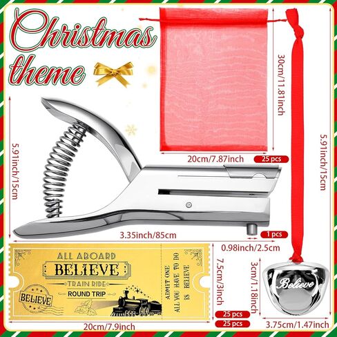 Gisafai 50 Sets Christmas Polar Believe Bells Golden Tickets Gifts Christmas Party Favors Goodie Bag Stocking Stuffers Santa Sleigh Bells Train Tickets Conductor Hole Punch Organza Bags Xmas in Saudi Arabia