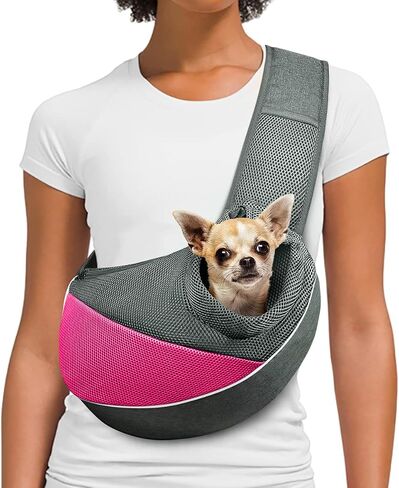 Dog Sling Carrier Anti - Pinch Hair Adjustable Breathable Mesh Sling Bag Carrier for Small Dogs Cats (S - Up to 6 lbs, Pink - Grey) in Saudi Arabia