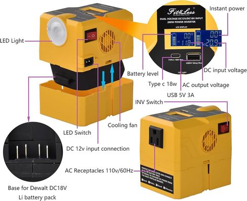 إدخال DC12V من السيارة وإدخال DC18V من حزمة بطارية الليثيوم إدخال DC مزدوج إلى AC110V 200W مع مصباح عمل LED وUSB ومخرج من النوع C وشاشة LCD (متوافقة مع حزمة بطارية Dewalt 18V) in Saudi Arabia
